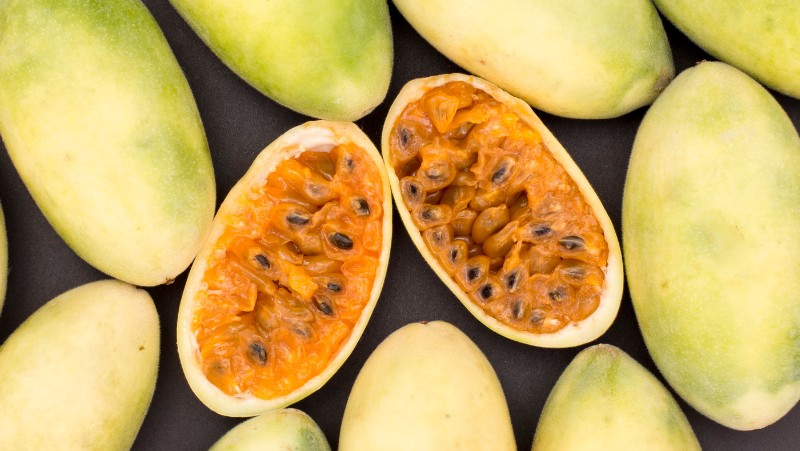 Banana Passionfruit (passiflora mollissima) harvested fruits, some have been cut in half exposing the orange pulp and black seedsinside.
