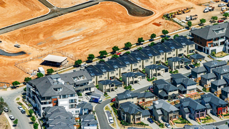 newly developed suburb with black roofs